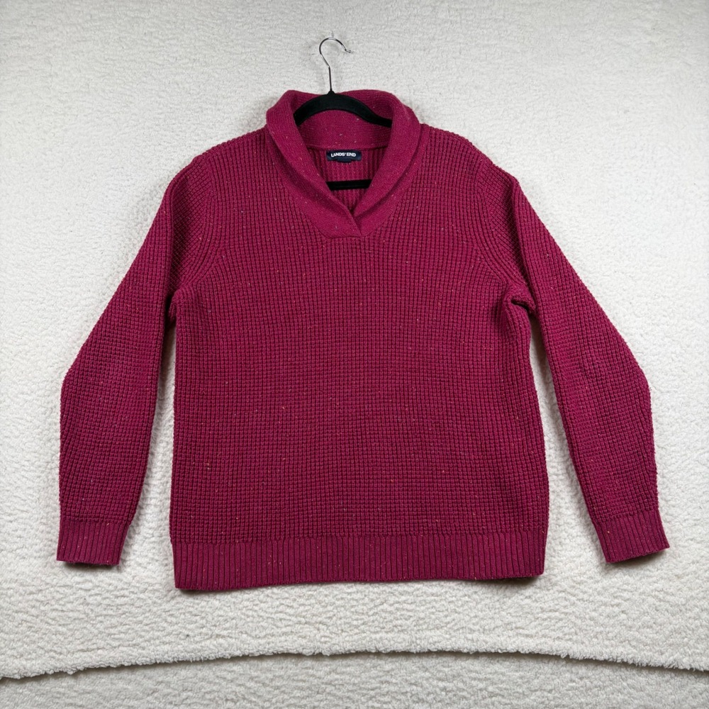 Lands End Womens Shawl Collar Sweater Pink Magenta Waffle Shaker Wool Blend L